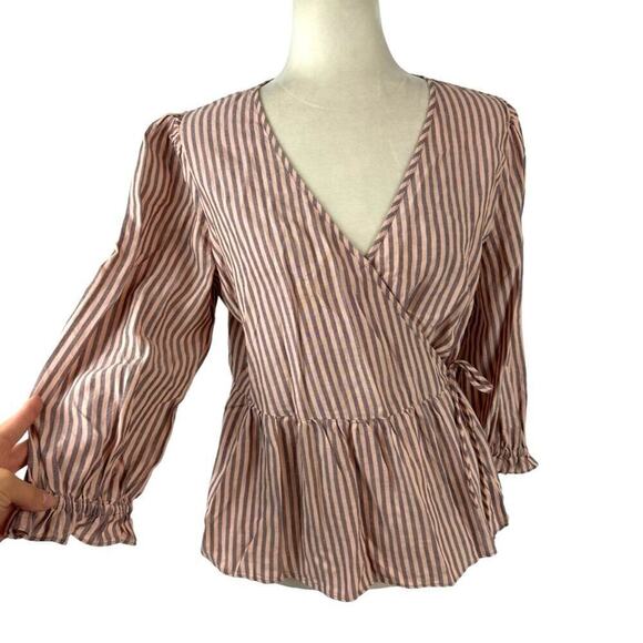 Madewell Blouse Women's Puff-Sleeve Peplum Wrap Top in Stripe Medium Mc794 - Picture 4 of 15